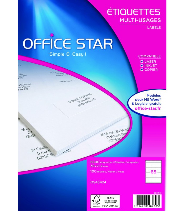 Etiquettes adhésives laser - jet d'encre -copieur 38x21.2 R.OS43424