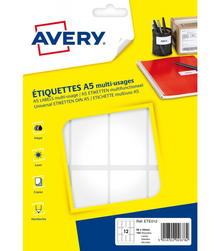 Etiquettes adhésives A5 laser/copieur/jet d'encre 56x34mm 192R.ETE012