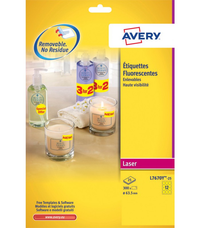 Etiquettes adhésives jaune fluo laser rondes  de 25 feuilles R.L7670Y