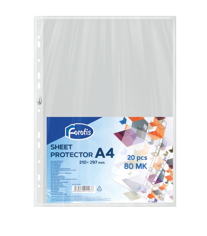 Pochettes perforées A4 lisse transparente 0.080mm sachet de 20R.91103