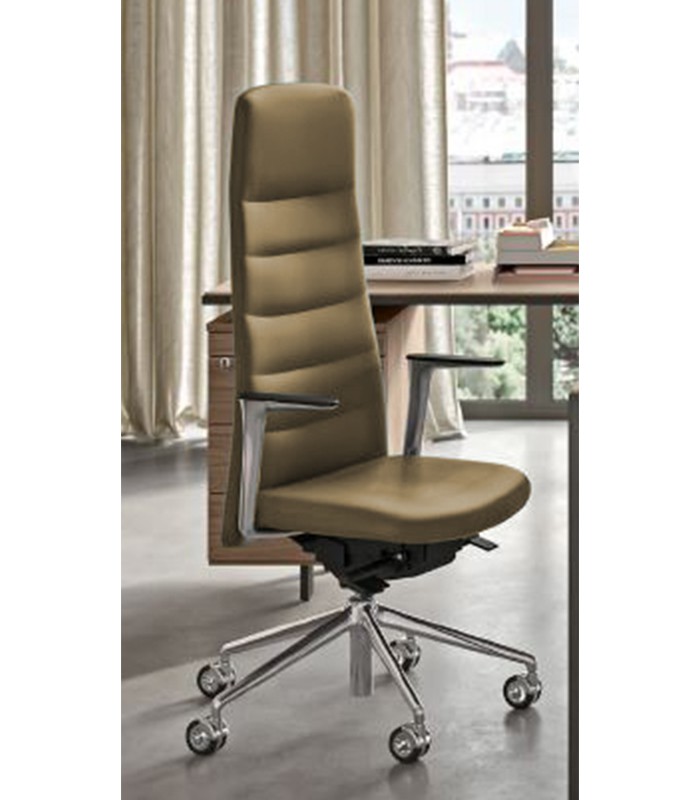 Fauteuil direction DIADE dossier haut simili cuir beige roulettes 