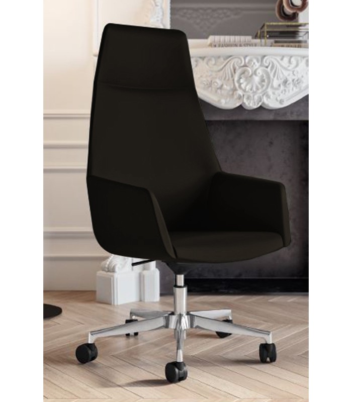 Fauteuil direction DUNE dossier haut appui-tête p.roulettes cuir noir