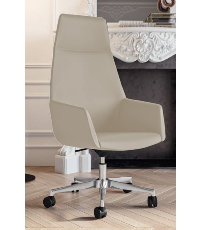 Fauteuil direction DUNE dossier haut appui-tête pied roul.cuir blanc 