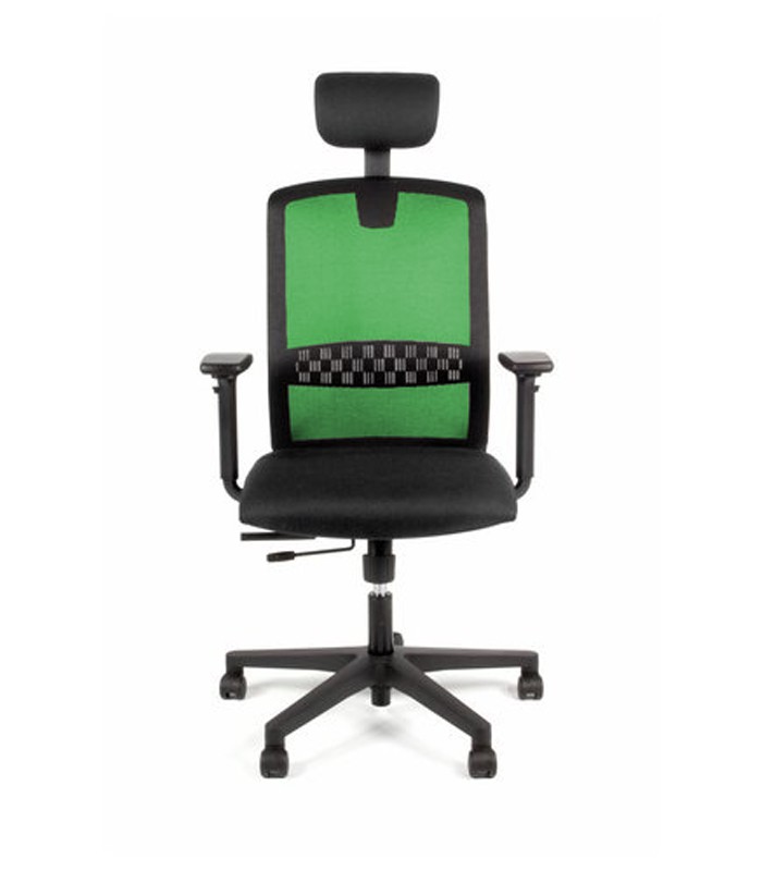 Fauteuil manager TEKNA accoud tétiêre résille verte assise tissu noir