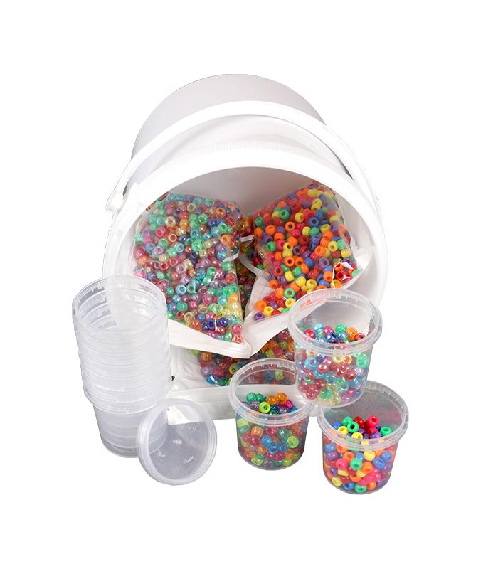 Perles plastique Ø 9mm +10 pots vides  sachet de 3000 ass R.1950