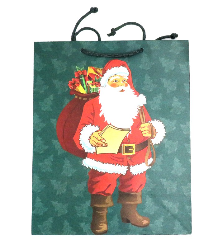 Sac cadeau cabas 26x13x32cm vert père noël + sapins R.9399BL