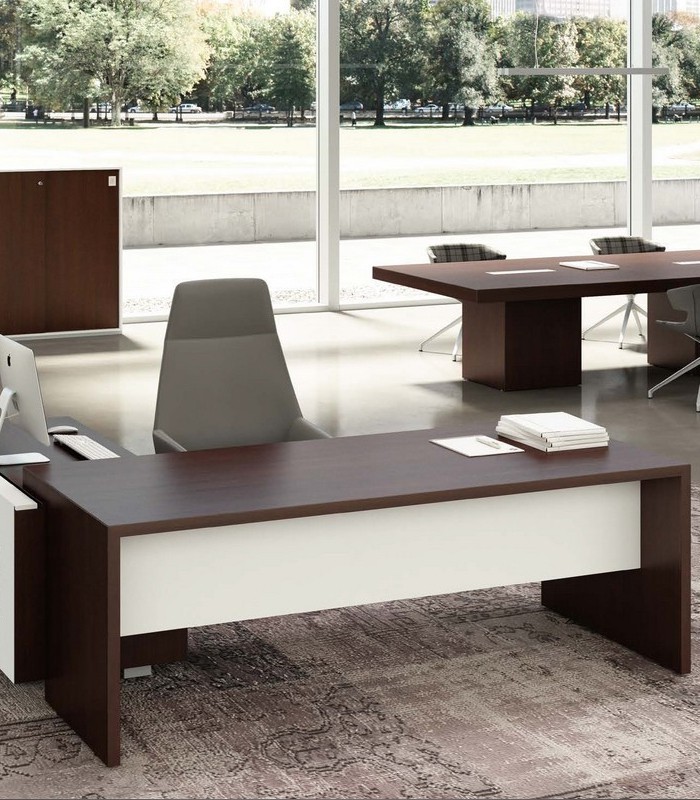 Bureau T45 retour droite desserte+caisson+tirette 192x190x76 noyer 
