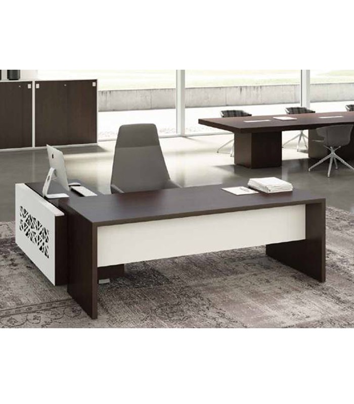 Bureau 192x204x76 T45 noyer retour droite desserte dos métal 