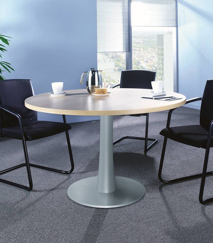 Table de réunion ronde Ø100 cm noyer pied central colonne alu