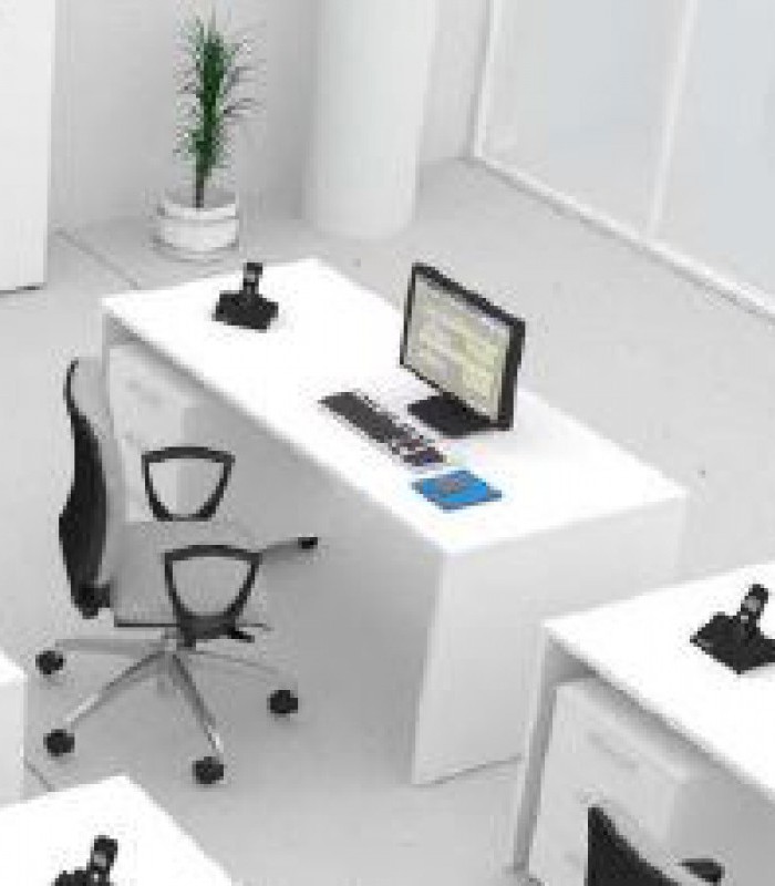 Bureau L120xP80xH74 droit OFFIDEA blanc voile de fond pieds L blancs