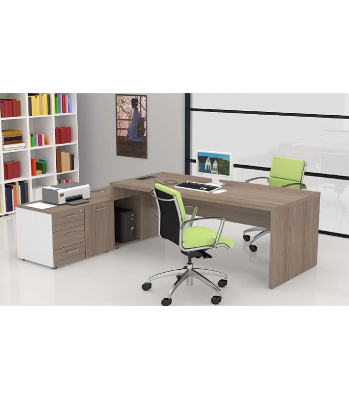 Bureau L200x167 courbé OFFITWO noyer retour+dess. vdf pieds panneaux 