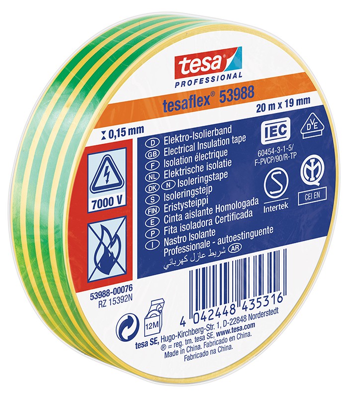 Adhésif isolation électrique 19mm x20m vert/jaune R.53948-20/53988-76