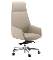 Fauteuil direction DUNE cuir beige dossier haut appui-tête pied roul.
