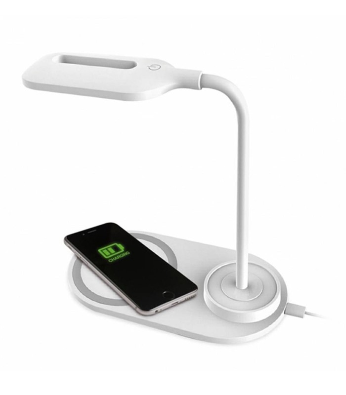 Lampe de bureau LED socle chargeur téléphone blanche