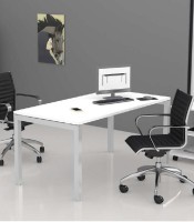 Bureau droit OFFIDEA L140 x P80 cm noyer pieds pont blancs